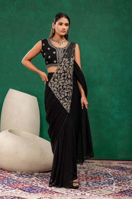 Black Zari Embroidered With Beads Work Faux Georgette Saree KS394 full front drape