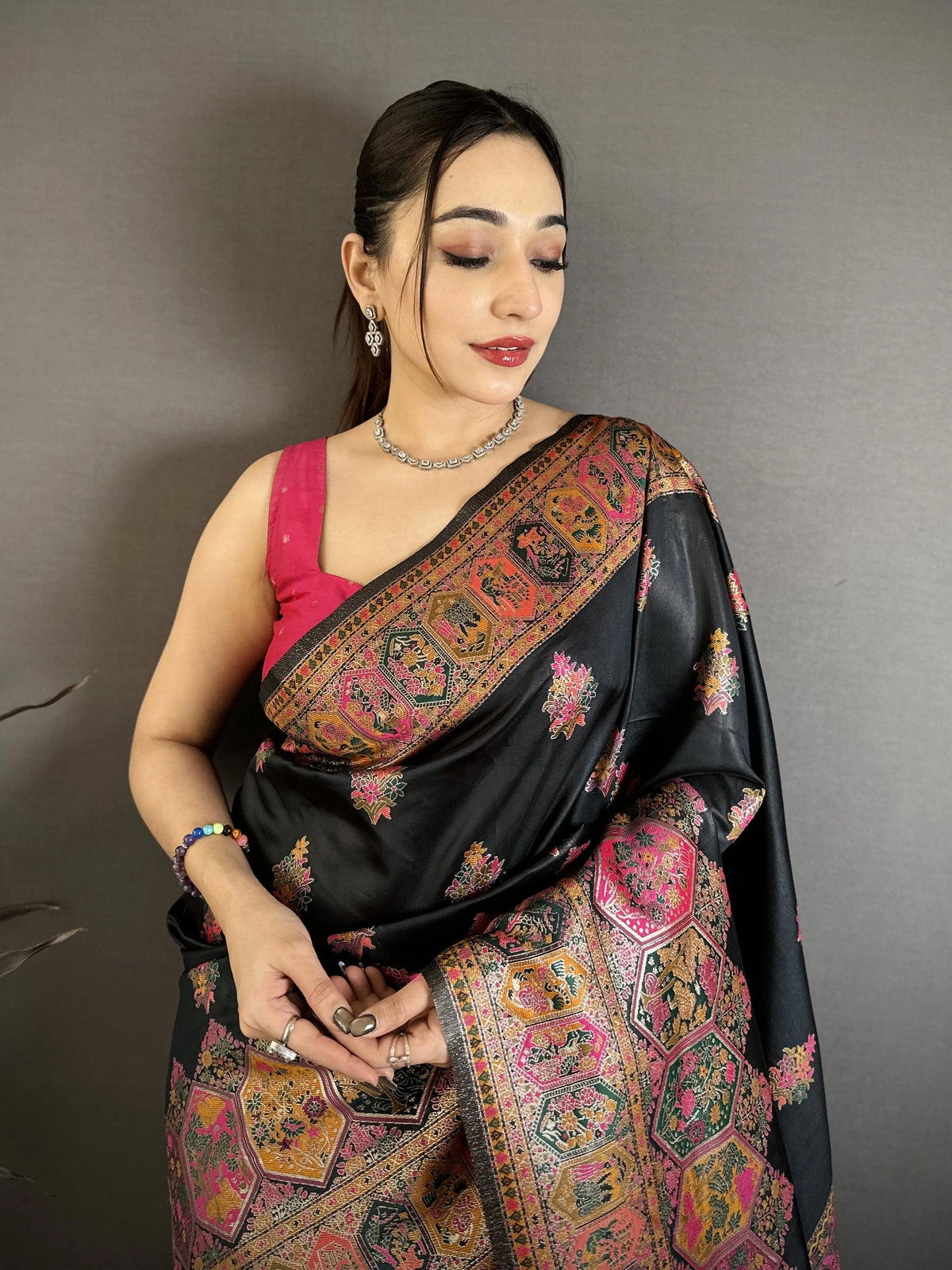 Black Pashmina Silk Blend Saree close-up draping – KS372