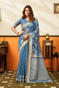 Blue Gray Jacquard Weaving Saree – Zari Border, North Indian Style