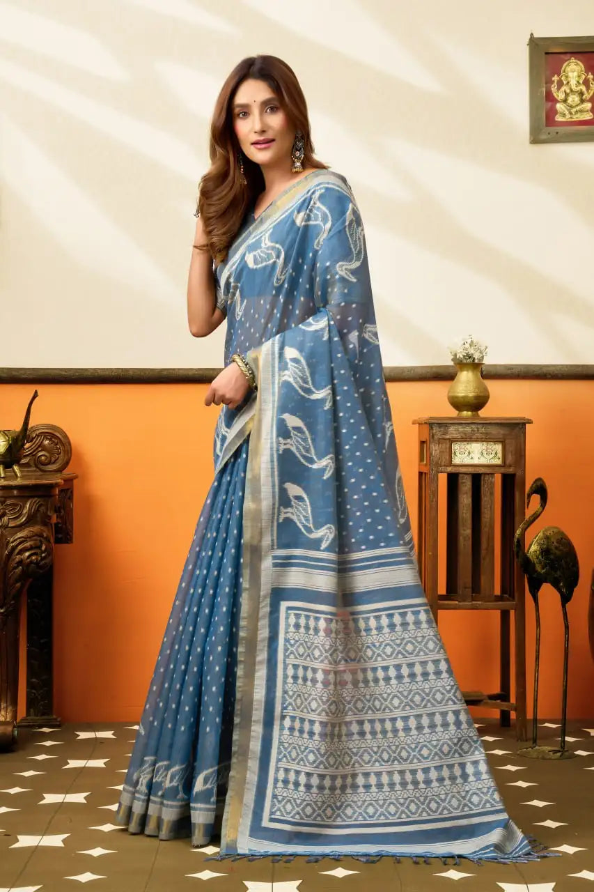 Blue Gray Jacquard Weaving Saree – Model Standing Pose KS365
