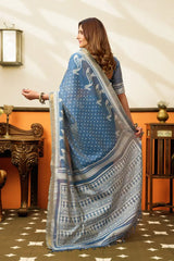Blue Gray Jacquard Weaving Saree – Drape Detail KS365
