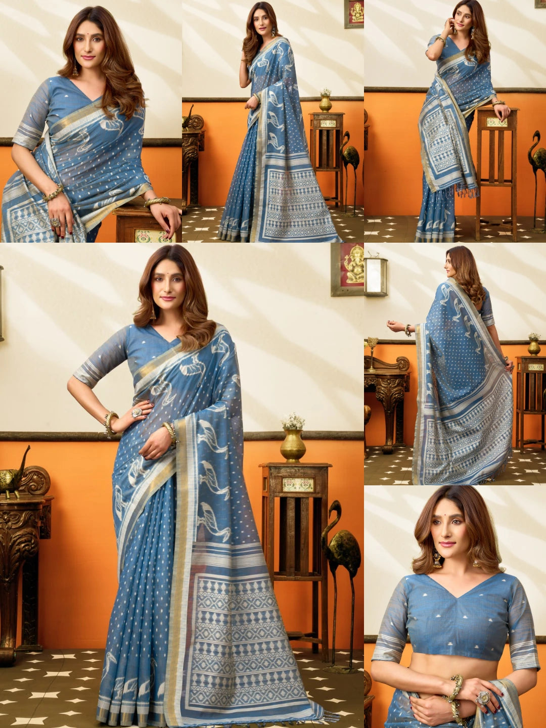 Blue Gray Jacquard Weaving Saree – All Angles Collage KS365