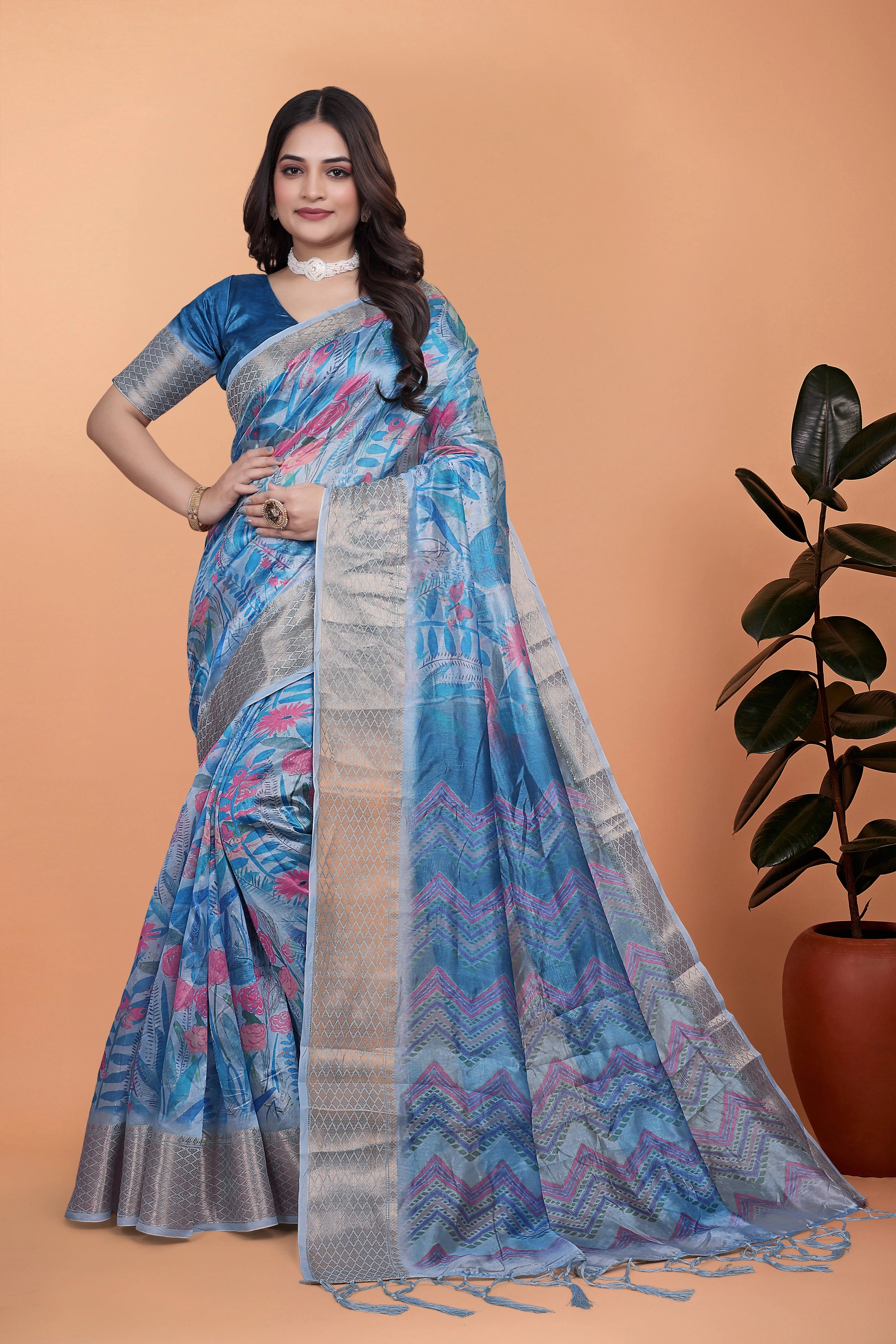 Blue Gray Zari Weaving Premium Crystal Saree Front Hero View | Kalyanja KS355