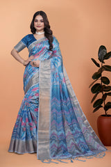 Blue Gray Zari Weaving Premium Crystal Saree Front Hero View | Kalyanja KS355