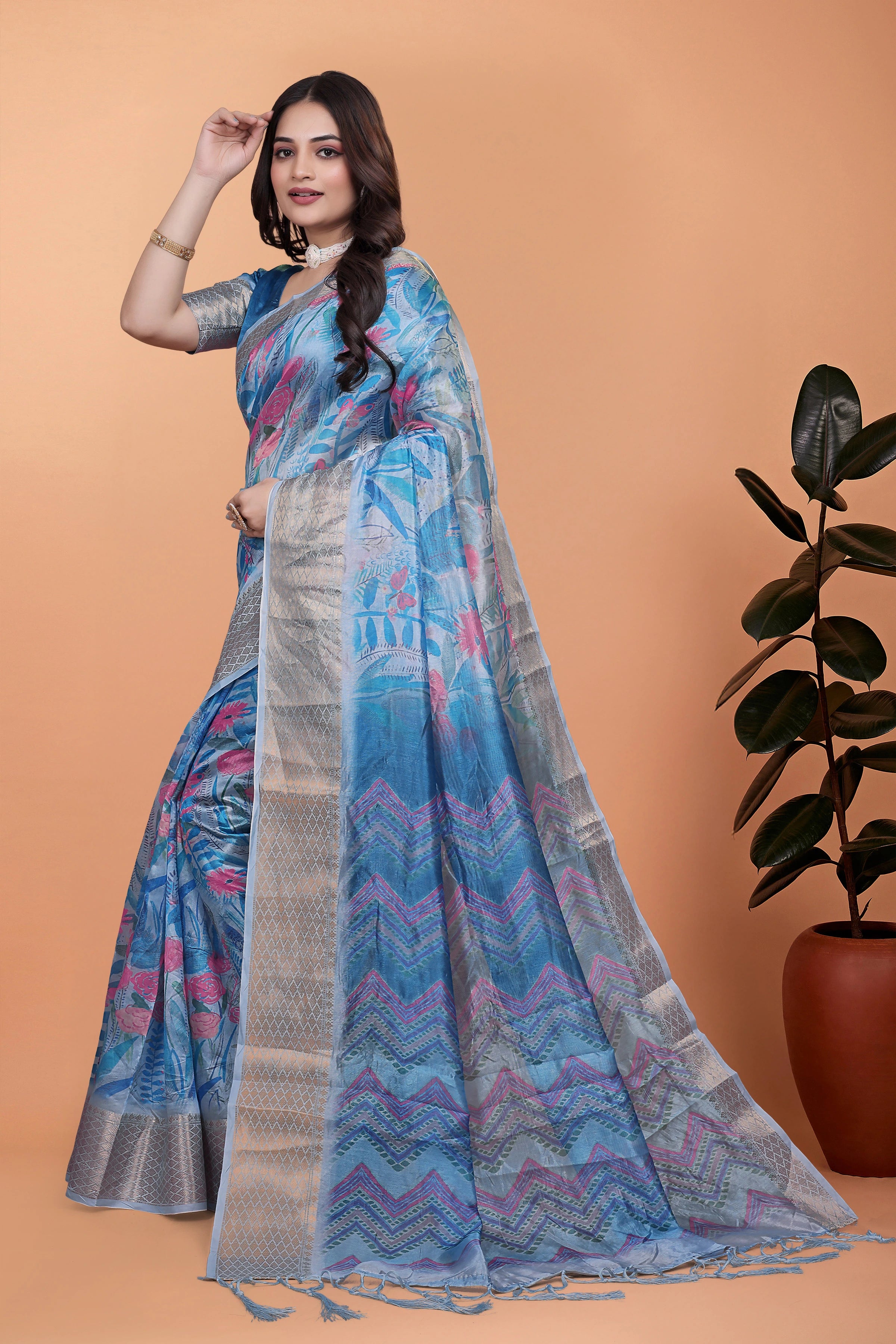 Blue Gray Zari Weaving Saree Full Length Side View | Kalyanja KS355
