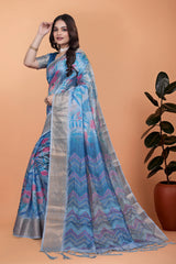 Blue Gray Zari Weaving Saree Full Length Side View | Kalyanja KS355