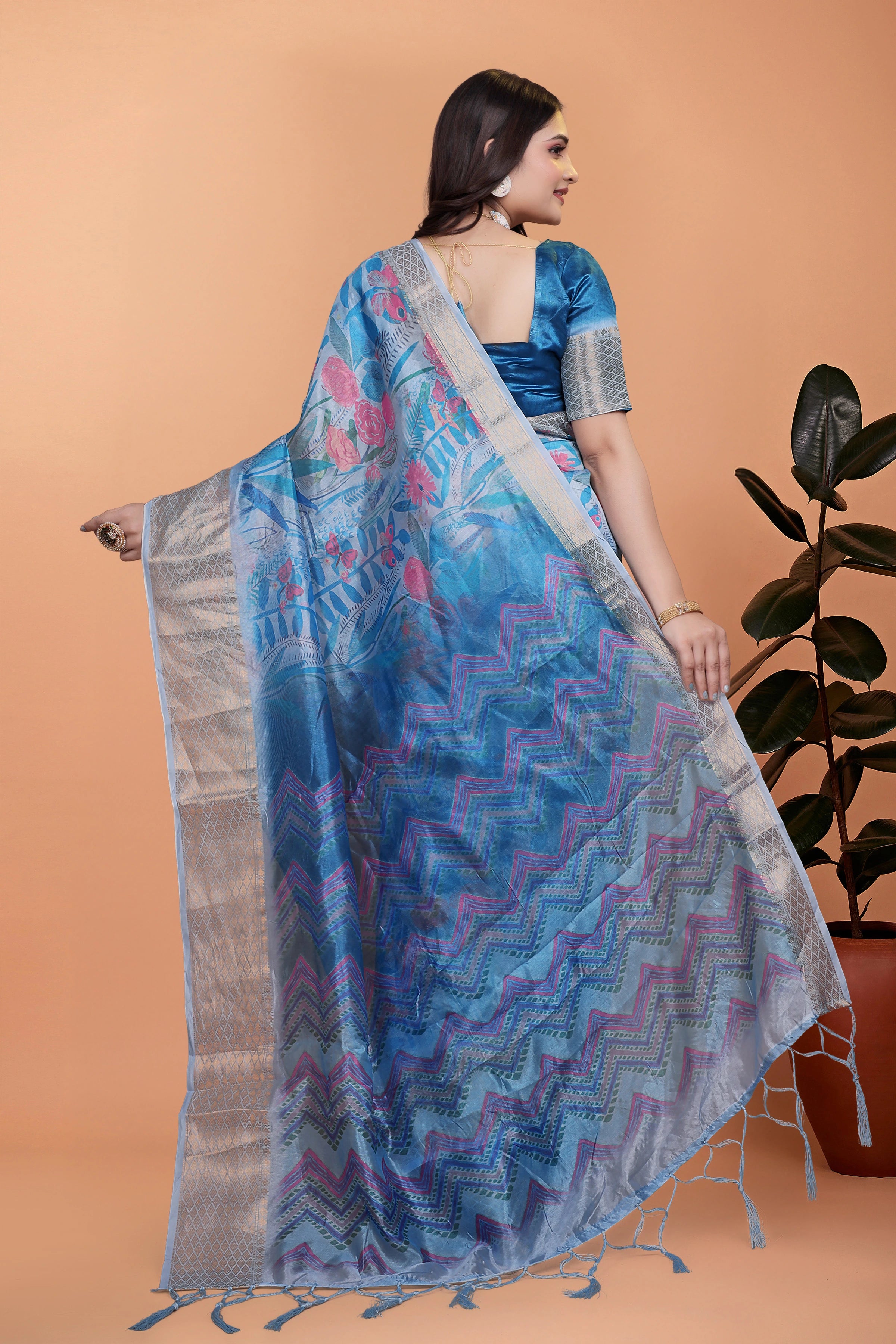 Blue Gray Zari Weaving Premium Crystal Saree Back View | Kalyanja KS355
