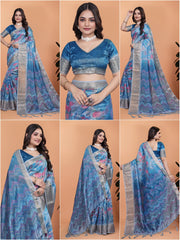 Blue Gray Zari Weaving Saree Collage All Views | Kalyanja KS355