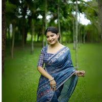 Blue Digital Block Printed Soft Cotton Saree