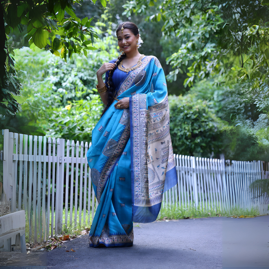 Blue Madhubani Print Soft Tussar Silk Saree