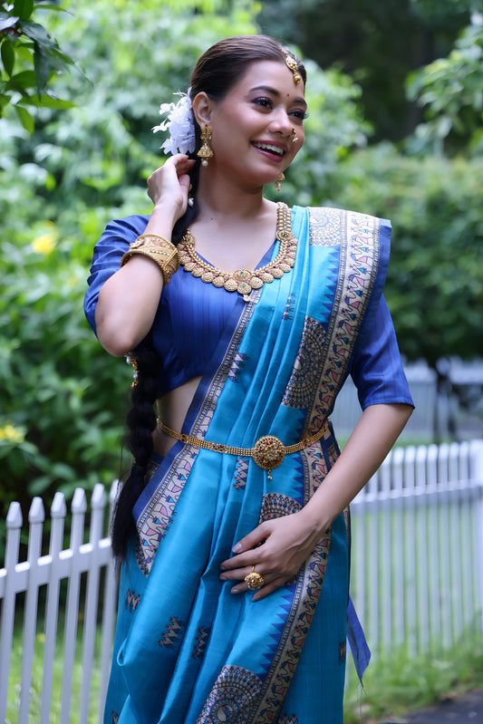 Blue Madhubani Print Soft Tussar Silk Saree