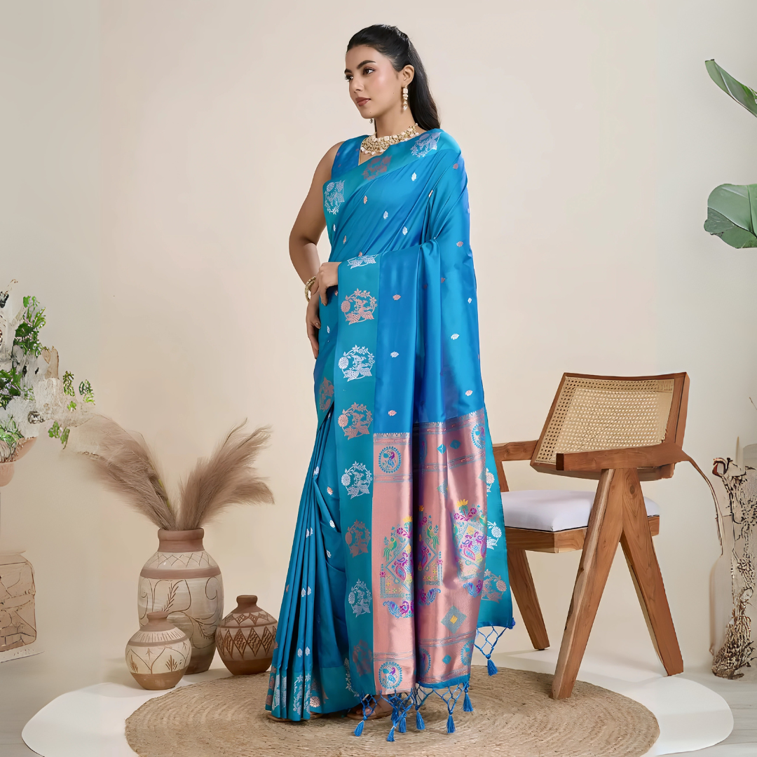 A woman models a luxurious Deep Blue Soft Silk Saree. The saree body features subtle metallic motifs. The pallu features a striking contrast panel in metallic rose gold/copper, richly woven with intricate blue and silver peacock and floral motifs. She wears a matching blue sleeveless blouse and heavy gold Kundan jewelry.