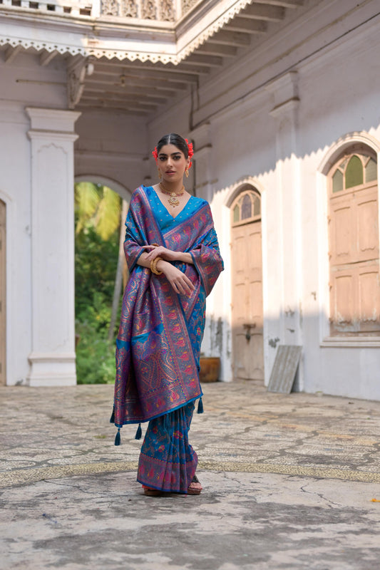 Blue Zari Work Soft Pashmina Silk Saree