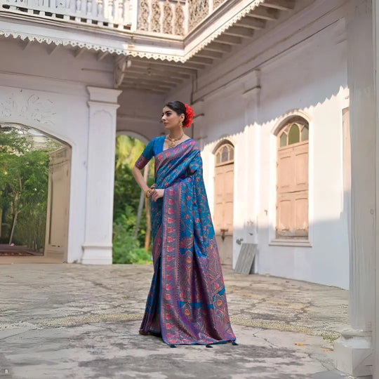 Blue Zari Work Soft Pashmina Silk Saree