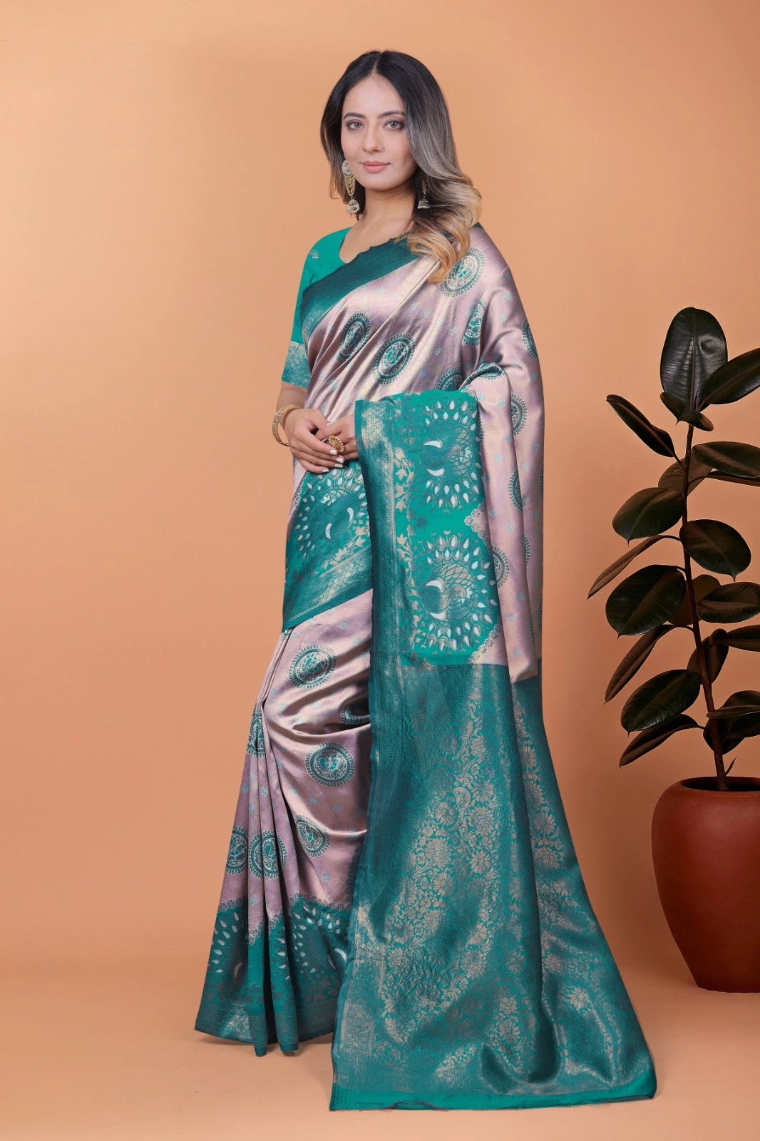 Blush Pink Zari Weaving Saree – side view – KS396