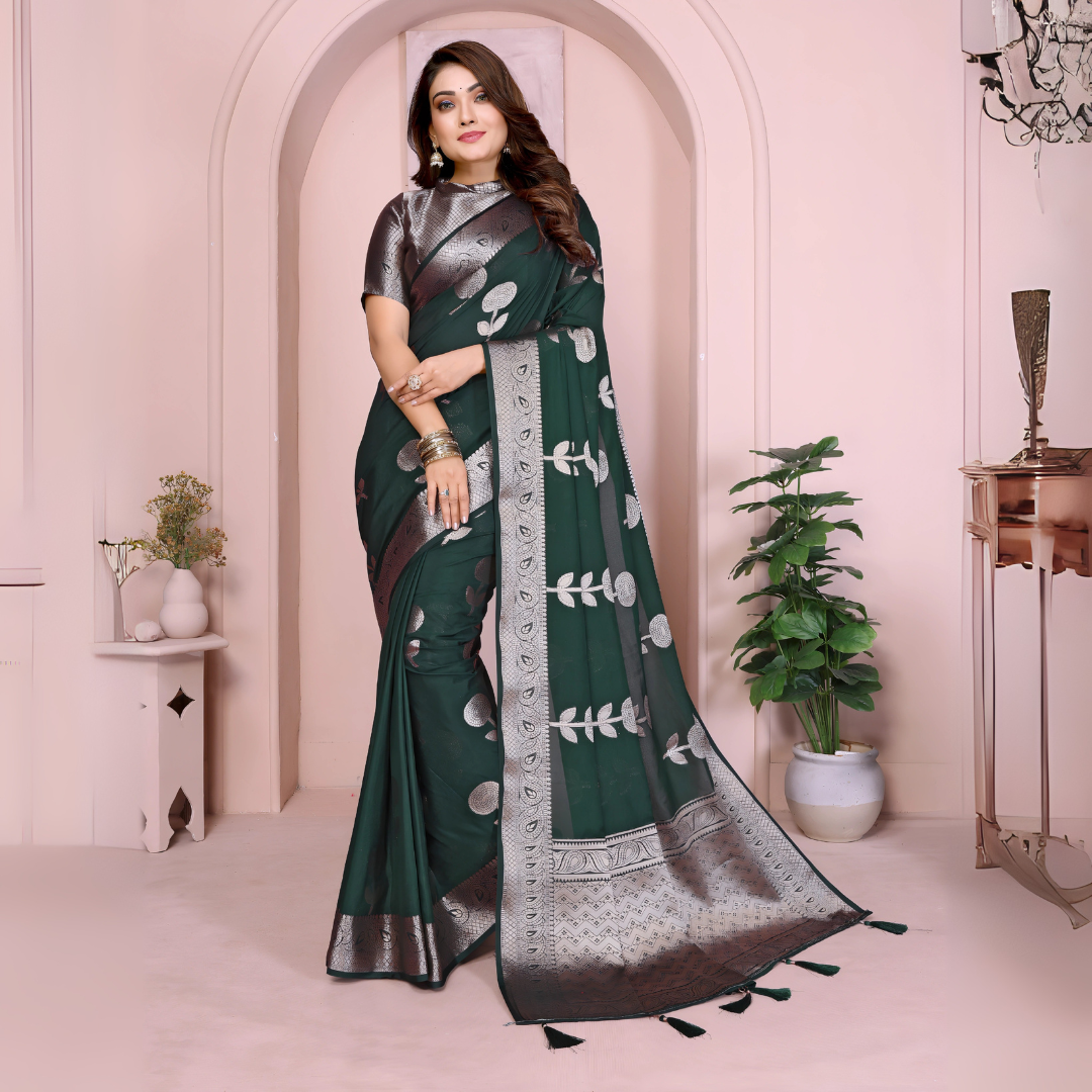 Dark Green Zari Weaving Soft Georgette Silk Banarasi Saree