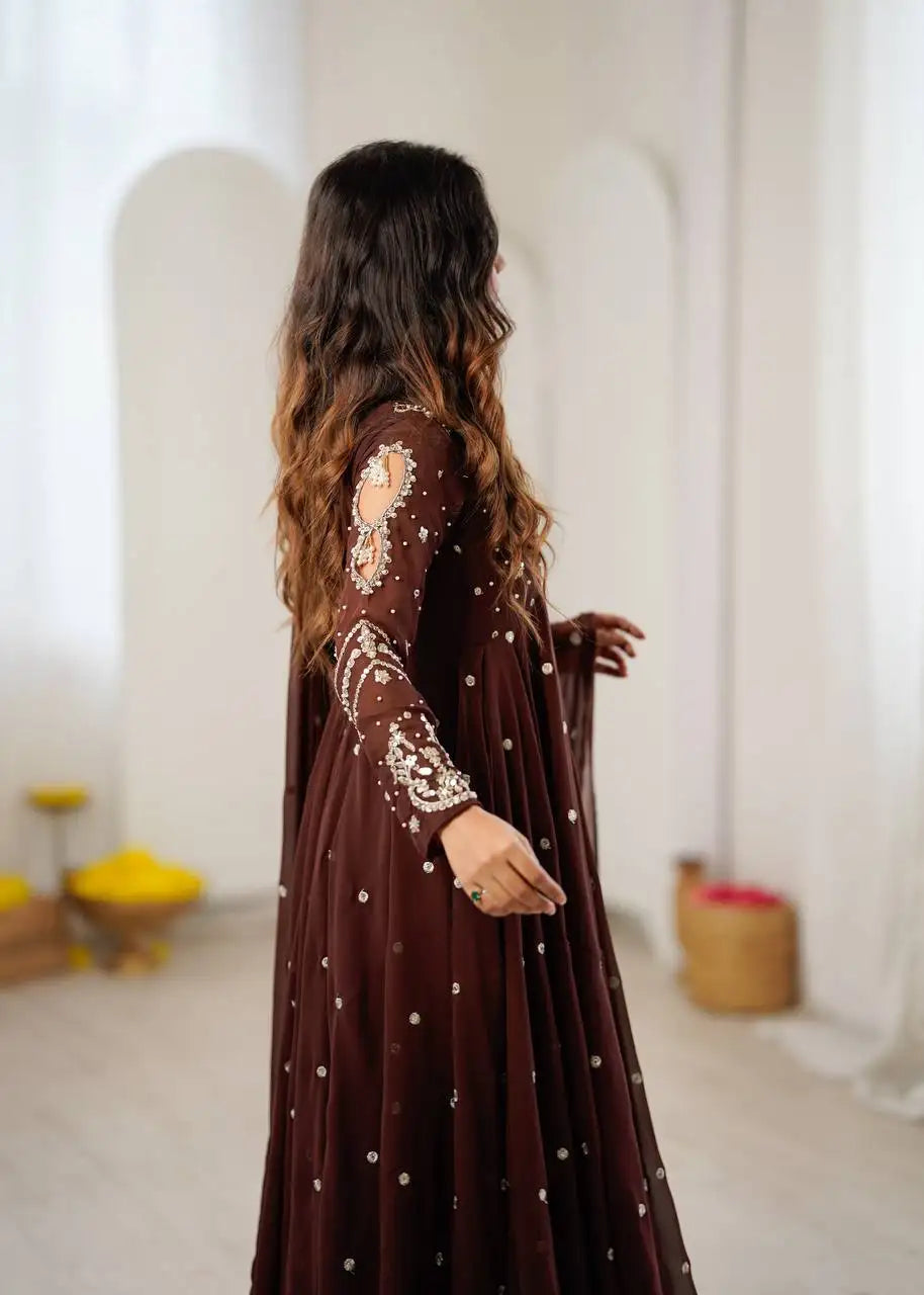 Brown Faux Georgette Anarkali Suit KU246 model holding dupatta