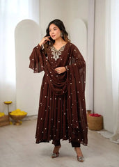 Brown Embroidered Suit KU246 model candid shot with dupatta