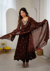 Brown Anarkali Suit Kalyanja KU246 sequin booti embroidery detail