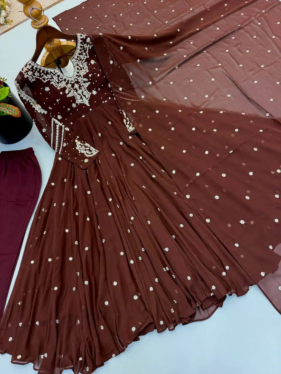 Brown Faux Georgette Anarkali Suit KU246 flat lay with pant dupatta