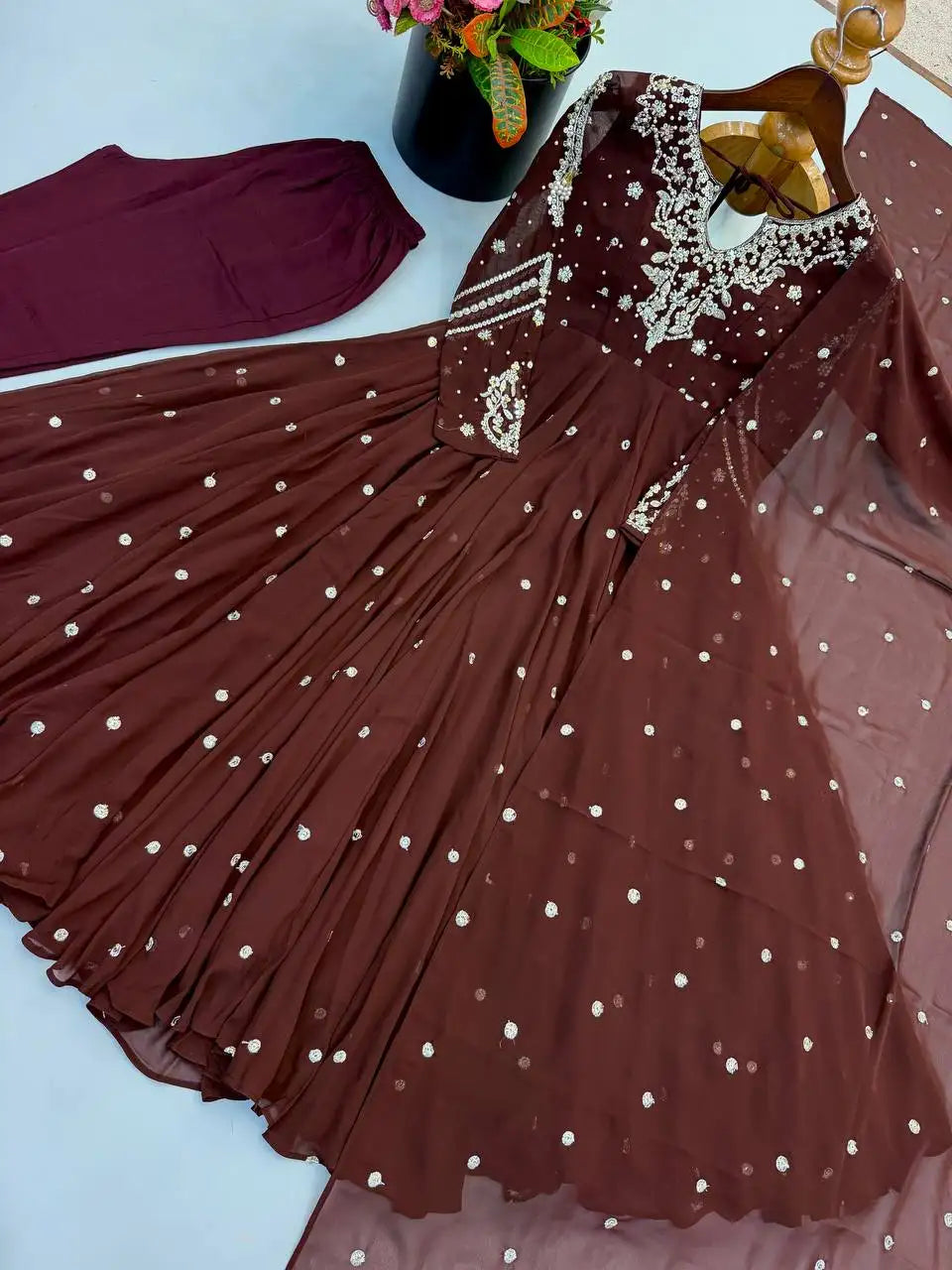 Brown Embroidered Suit Kalyanja KU246 flat lay full set flowers
