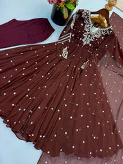 Brown Embroidered Suit Kalyanja KU246 flat lay full set flowers