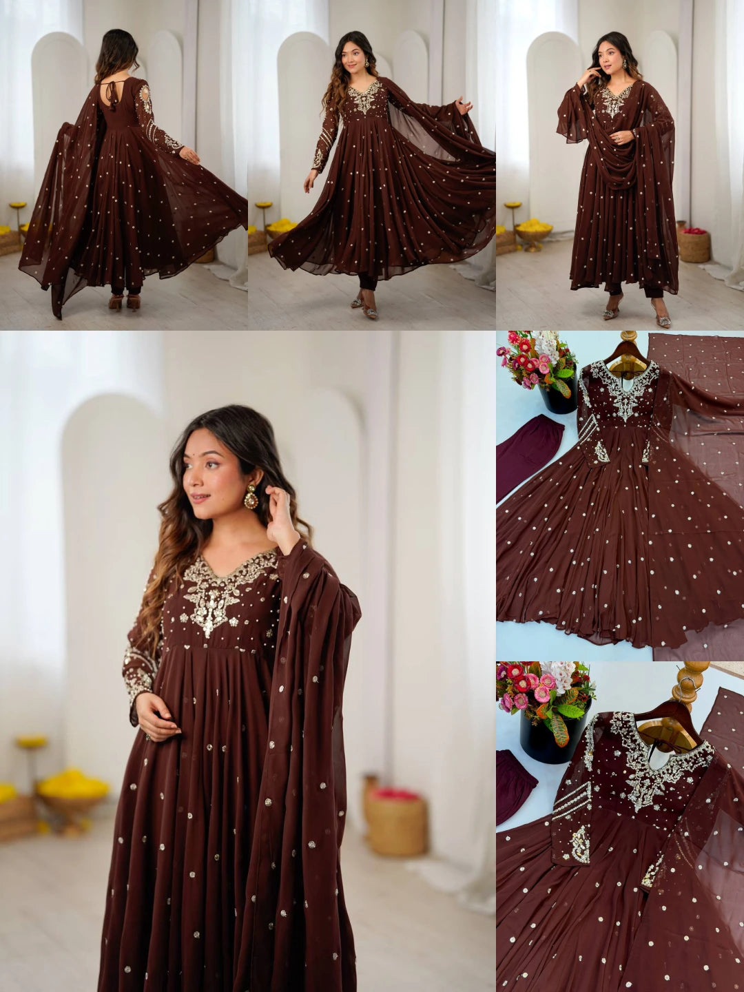Brown Embroidered Anarkali Suit Kalyanja KU246 all angles collage