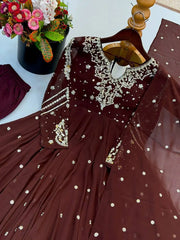 Brown Embroidered Suit Pant Dupatta KU246 flat lay complete set