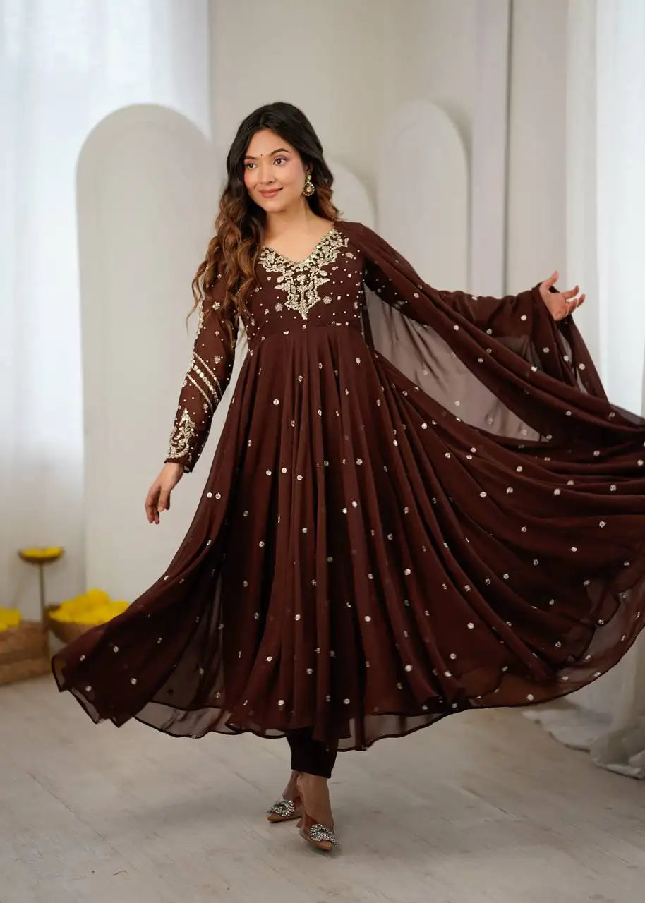 Brown Embroidered Anarkali Suit KU246 front view A-line flair dupatta flying