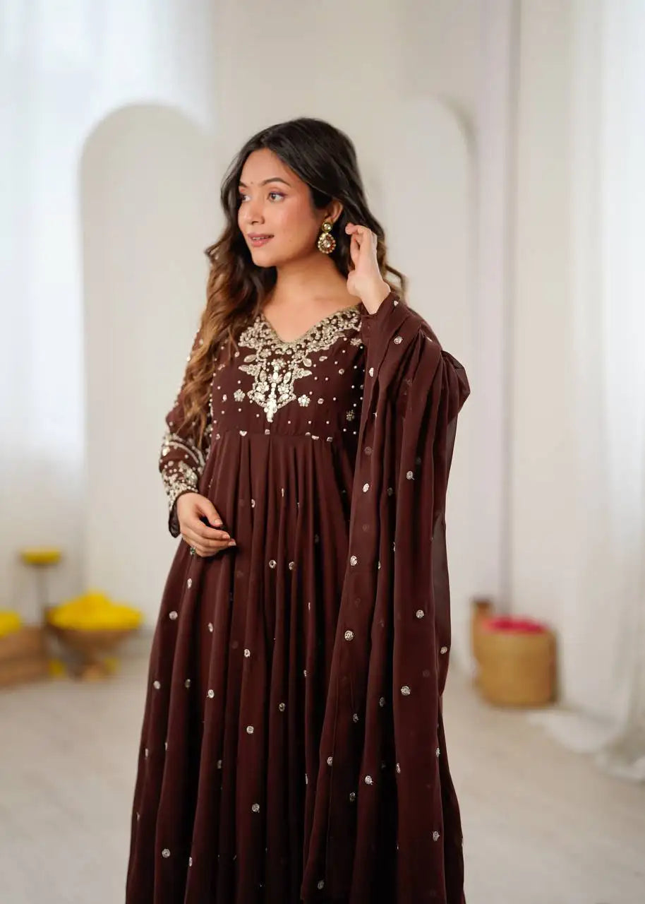 Brown Embroidered Suit Kalyanja KU246 model standing full length festive