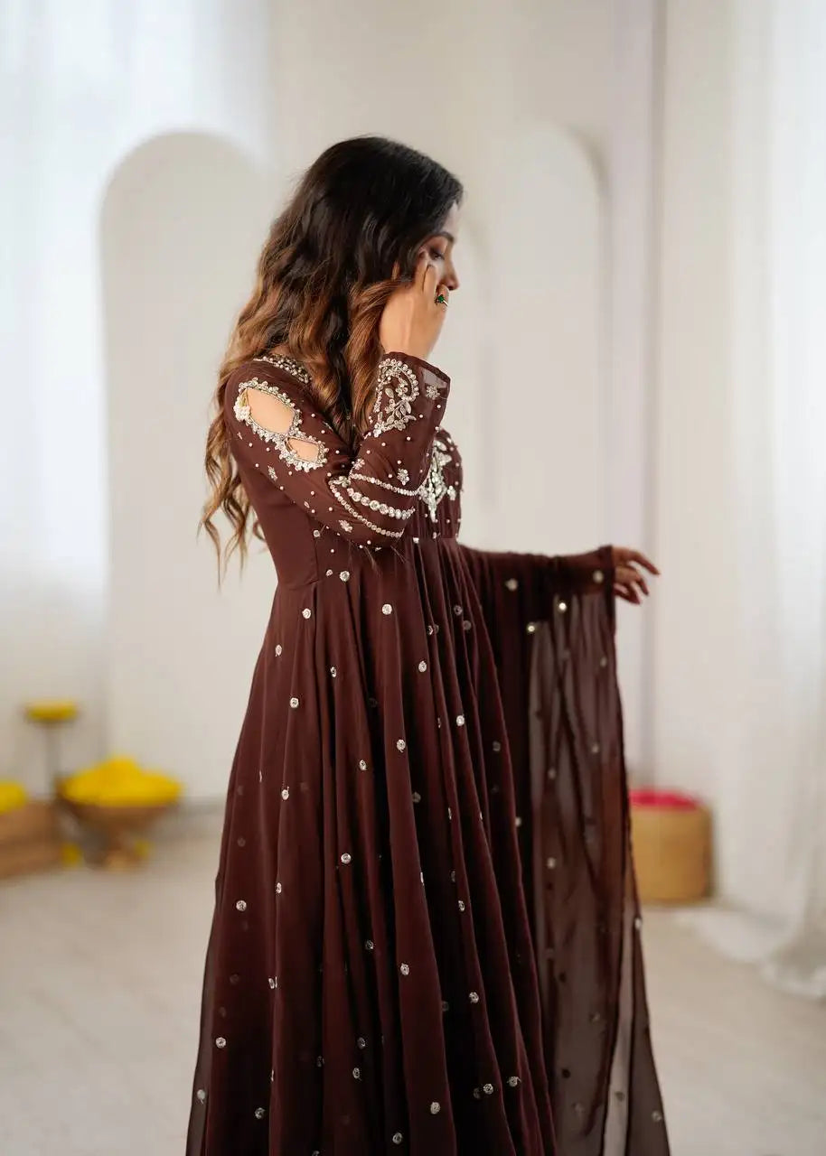 Brown Faux Georgette Embroidered Anarkali KU246 model side angle embroidery