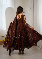 Brown Embroidered Suit KU246 model candid pose with dupatta