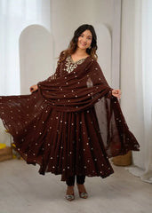 Brown Anarkali Suit Kalyanja KU246 full sleeve fancy neck model shot