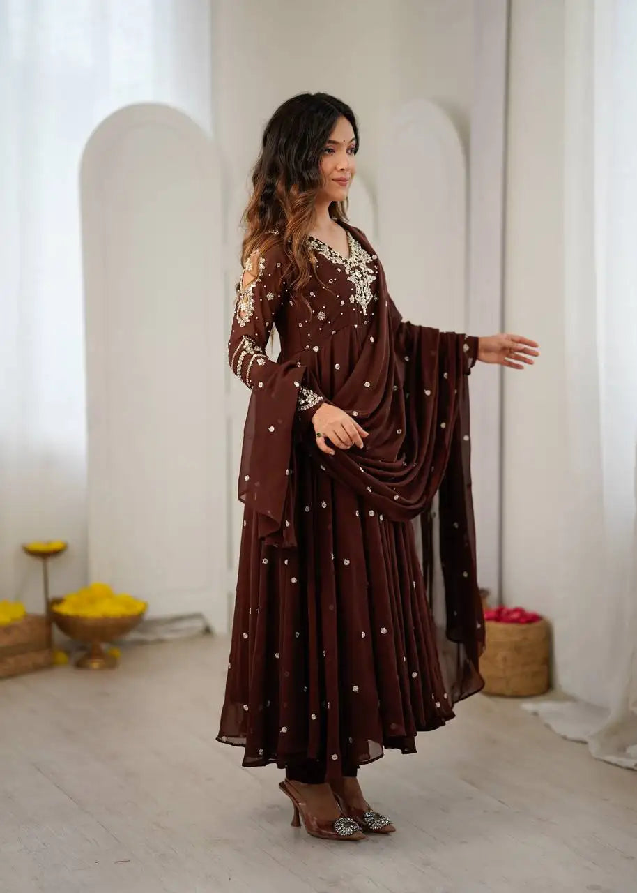 Brown Embroidered Anarkali KU246 model dynamic A-line flair shot