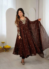 Brown Faux Georgette Suit KU246 model side pose dupatta draped