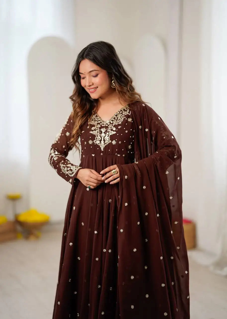 Brown Embroidered Anarkali Suit KU246 model pose full length