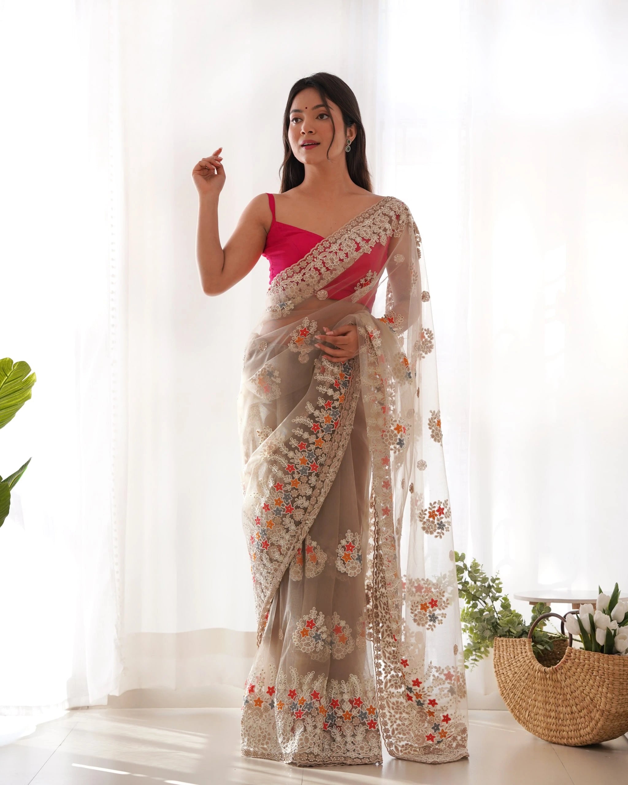Brown Thread Embroidered Saree full front – KS378
