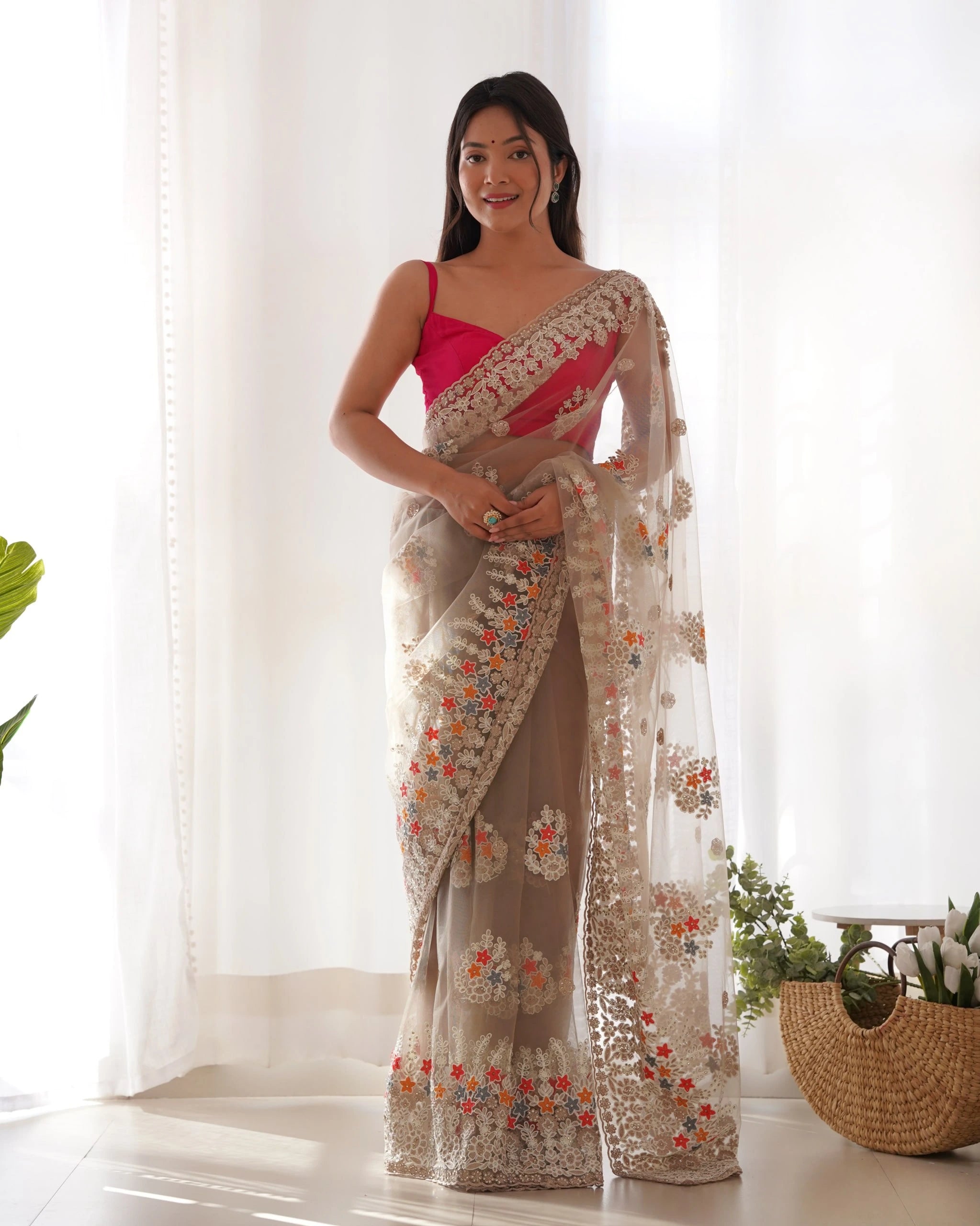 Brown Butterfly Net Saree model side drape – KS378