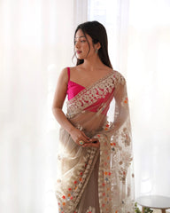 Brown Butterfly Net Saree border scallop – KS378