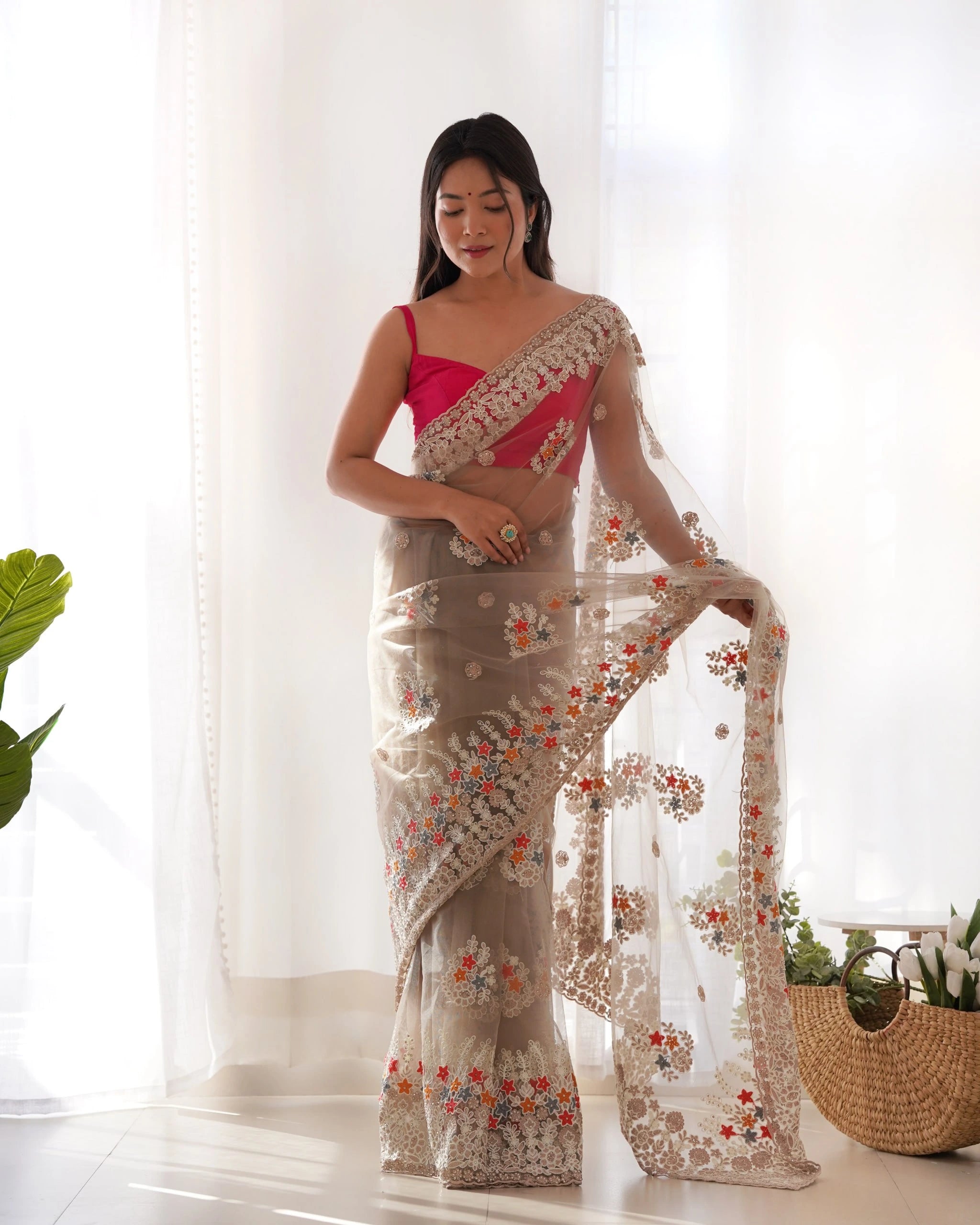 Brown Thread Embroidered Saree close-up – KS378