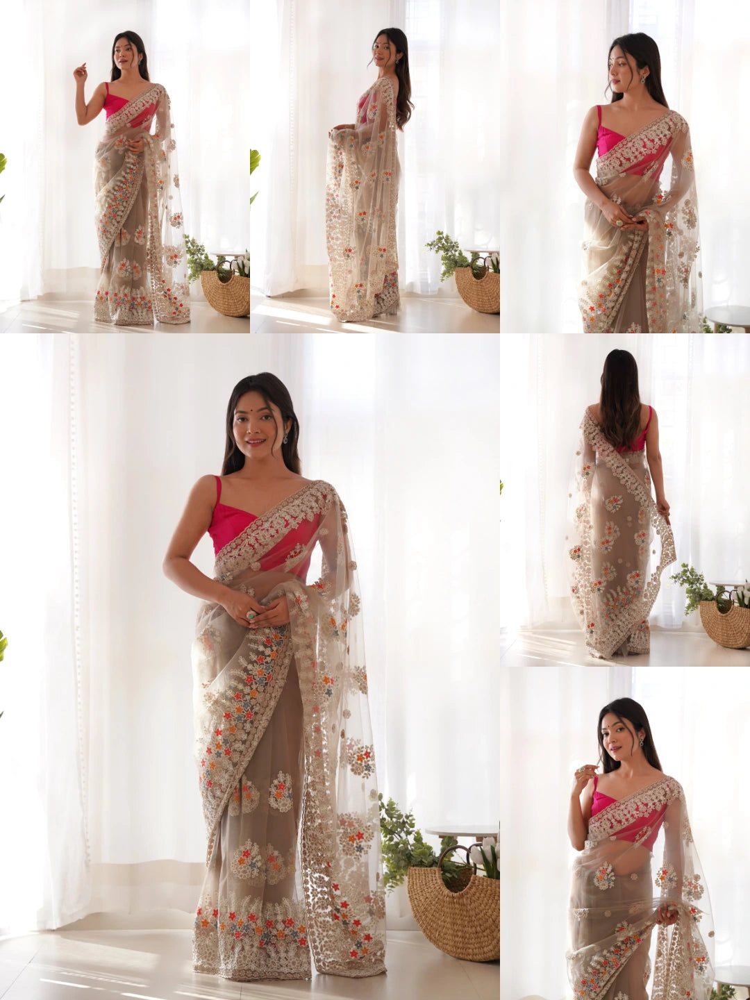 Brown Thread Embroidered Saree collage – KS378 Kalyanja