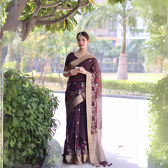 A woman models an elegant Deep Plum Linen Silk Saree. The saree features delicate woven floral and bird motifs and a wide, contrasting pale gold Zari border. She wears a matching plum blouse, contrasting red and white bangles, and a traditional gold maang tikka, posing outdoors.