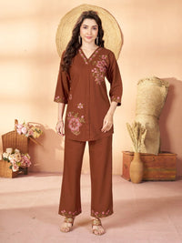 Brown Multi Thread Embroidered Coord Set – Rayon V-Neck 3/4 Sleeve