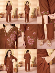brown multi thread embroidered rayon coord set kalyanja kc12 all angles catalog