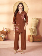 brown multi thread embroidered coord set kalyanja kc12 front full model