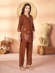 brown multi thread embroidered coord set kalyanja kc12 full side front angle