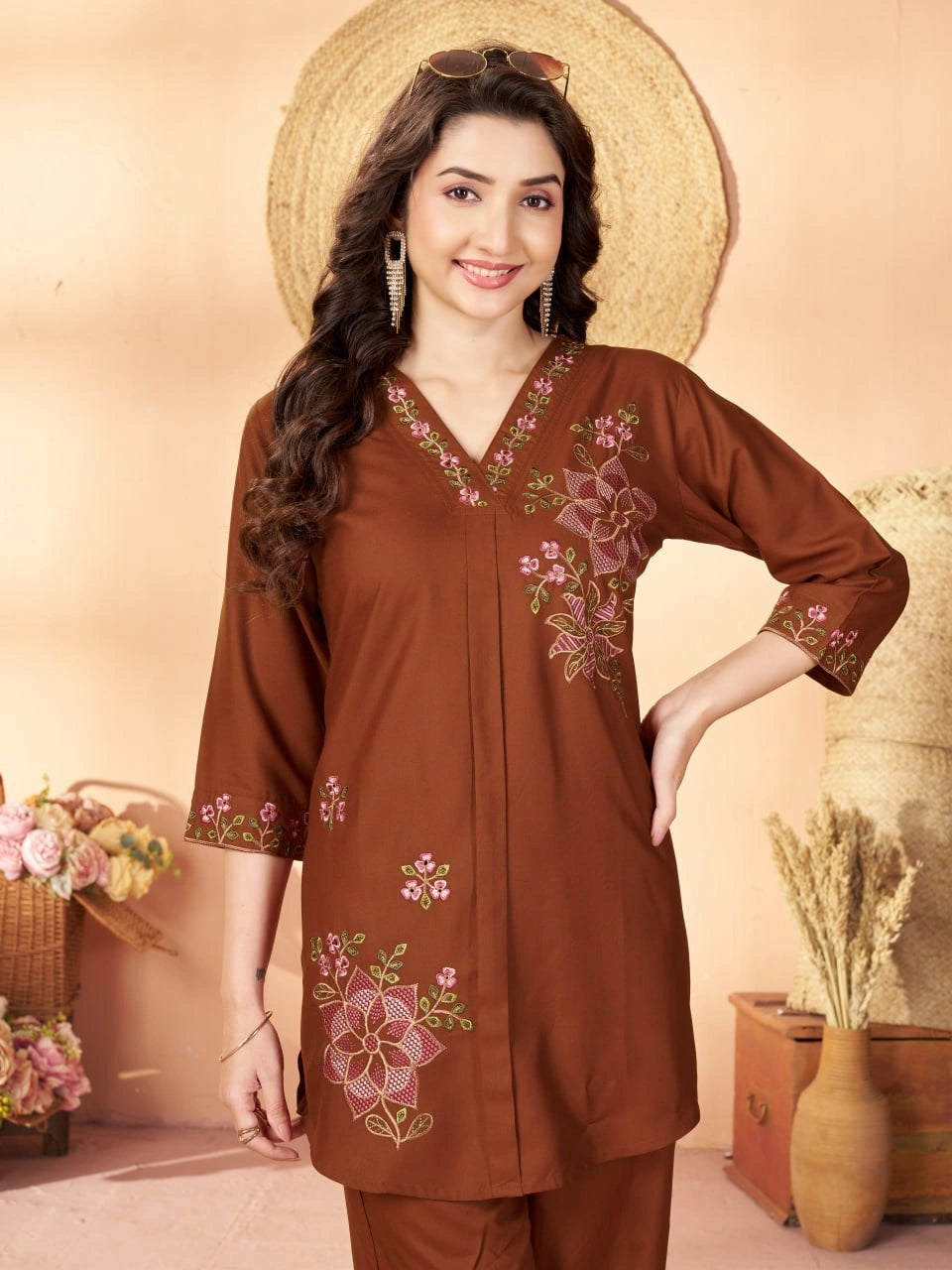 brown multi thread embroidered coord set kalyanja kc12 upper body close up