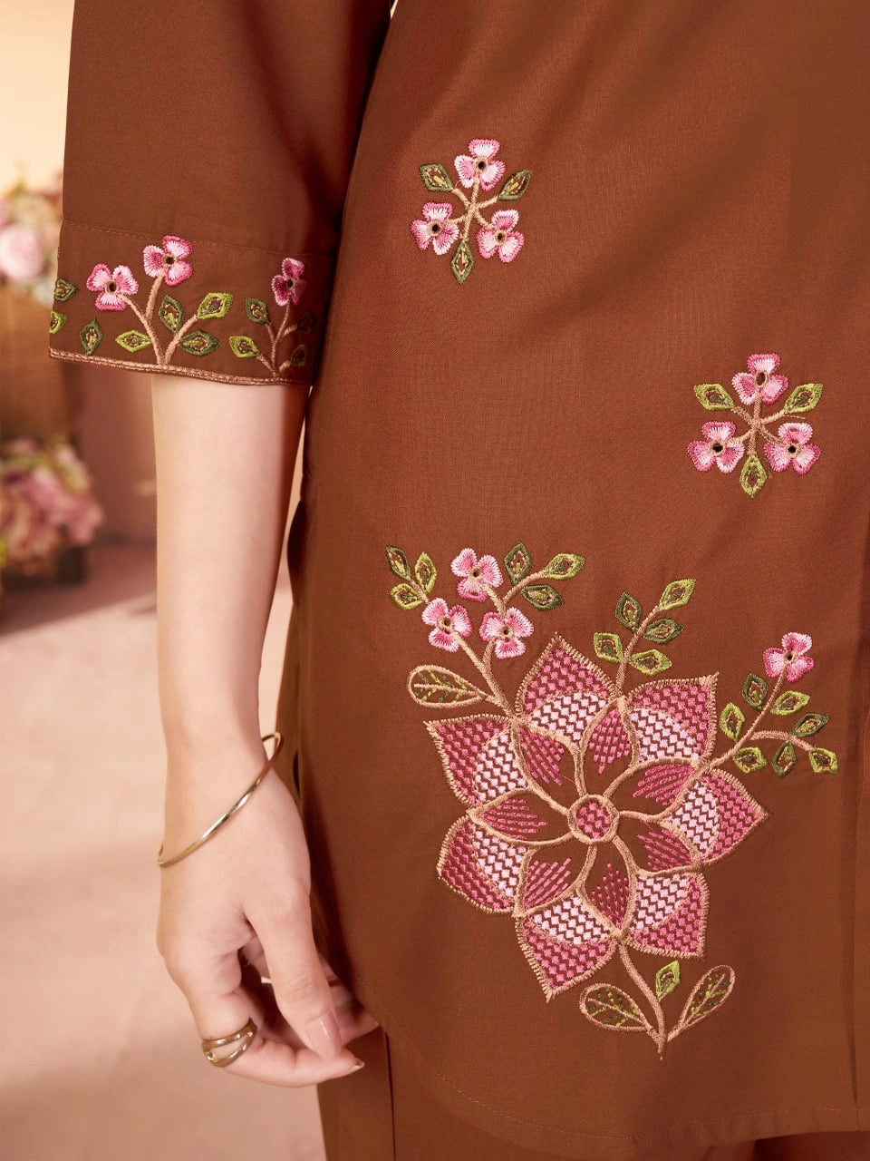 brown multi thread embroidered coord set kalyanja kc12 side floral embroidery detail