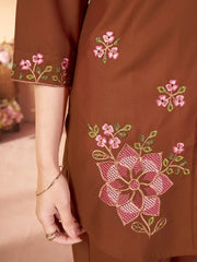 brown multi thread embroidered coord set kalyanja kc12 side floral embroidery detail