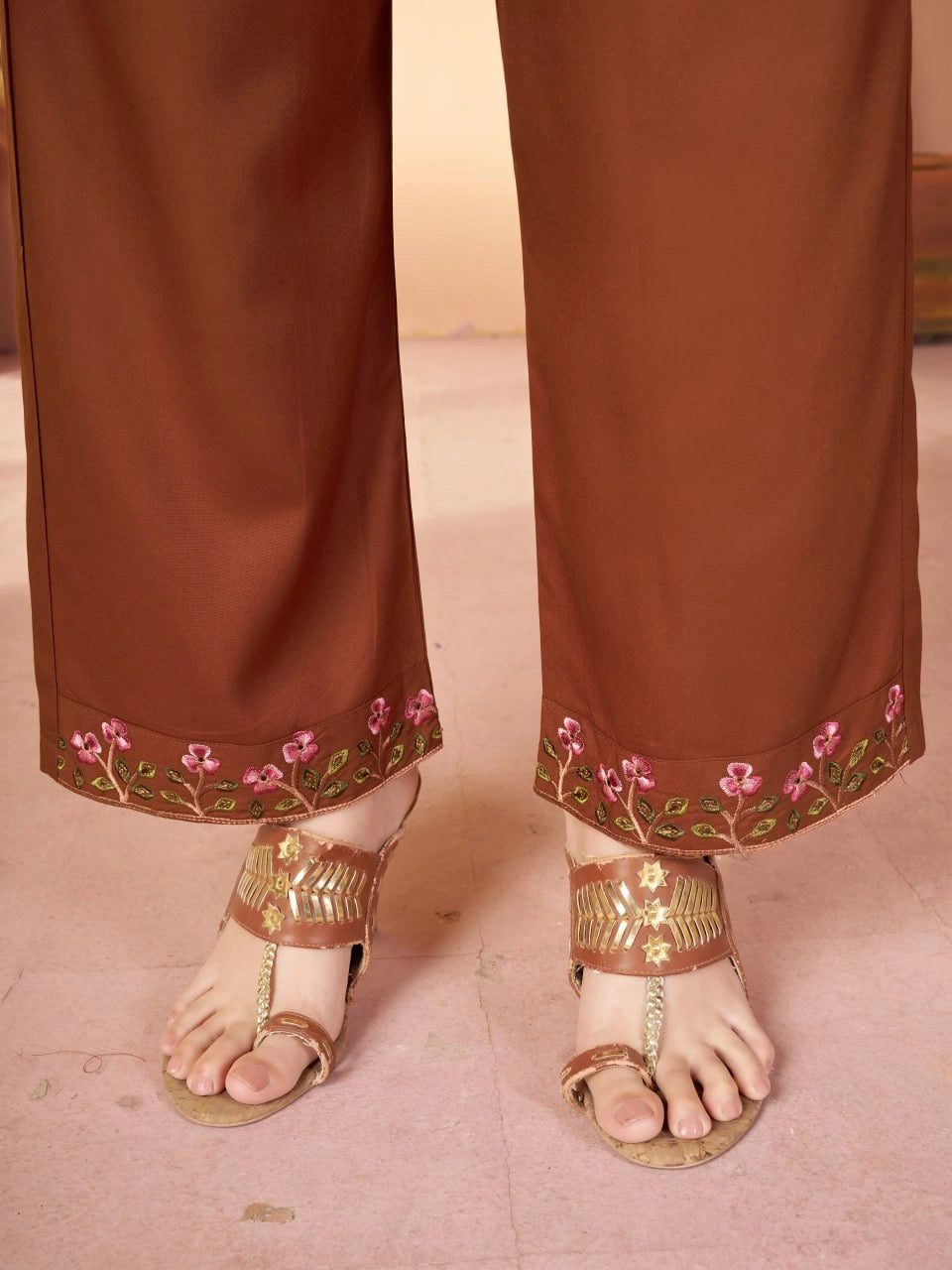 brown multi thread embroidered coord set kalyanja kc12 pants hem embroidery detail
